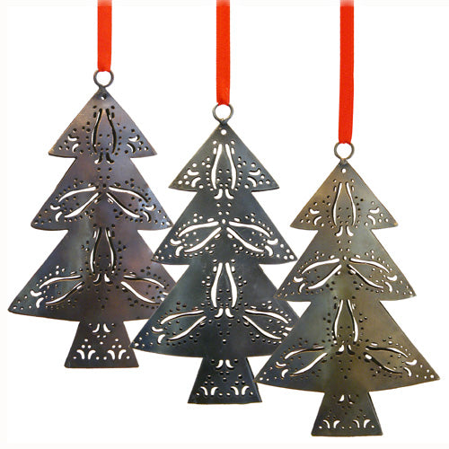 Recycled steel oil drum metal into hand crafted Christmas tree shaped ornaments in Bronze, silver, and gold tones. Fair trade at lowcountryfairtrade.com