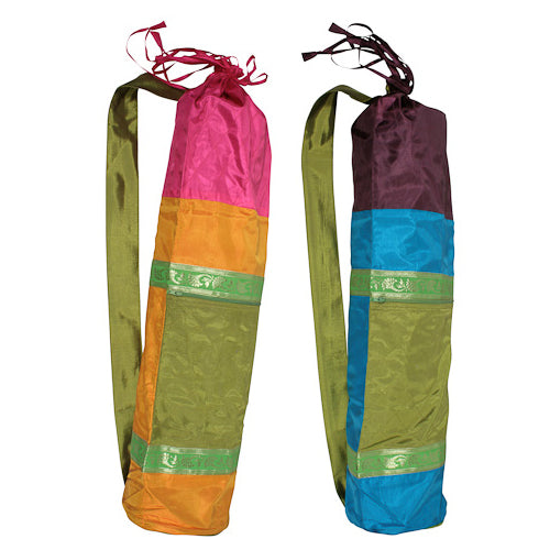 handmade pink or blue silk brocade yoga mat bags fair trade imported from India.