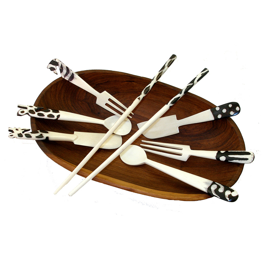 handmade bone utensil set in black and white batik design. Fair trade from Africa.