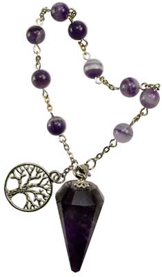 purple beaded six-sided pendulum with tree of life charm 