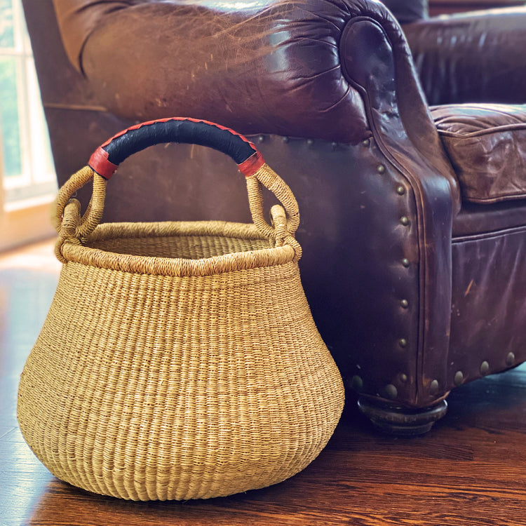 Hand-woven Bolga Pot Market Basket or Gambigo Basket in natural with a black and red leather top handle