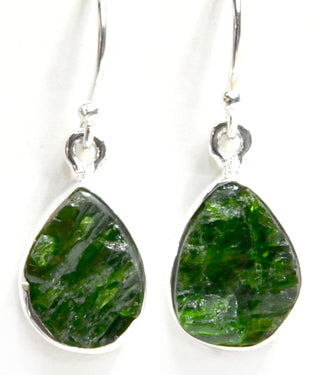 Dark Green Chrome Diopside earrings in a teardrop dangle style with silver earhooks