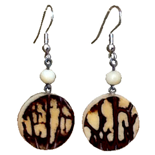 Natural tagua nut or vegetable ivory handmade circular drop earrings from Ecuador