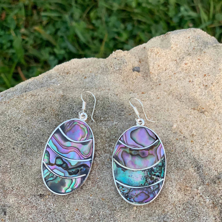 Handmade Alpaca Silver and Abalone Shell Oval dangle earrings by artisans in Mexico and fair trade imported by lowcountryfairtrade.com