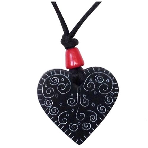 Hand carved coal heart pendant. Fair Trade.