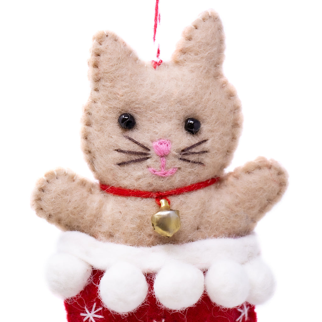 Handmade Felt Ornament-Kitty Cat in a Red Stocking -Nepal- Fair Trade