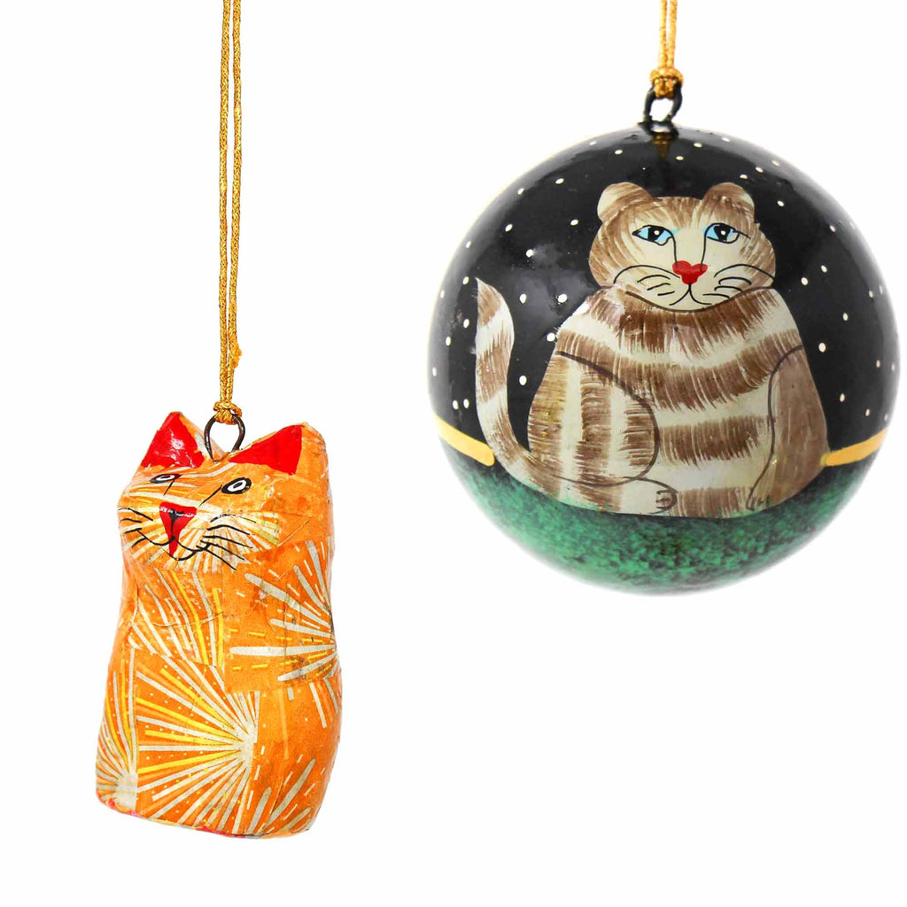 Hand-Painted Cat Holiday Ornaments-Set of 2-Fair Trade- India