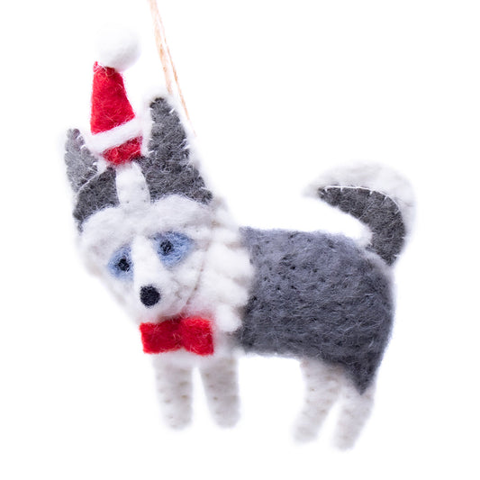 Set of 2 Handmade Felt Ornaments- Husky In A Santa Hat- Nepal