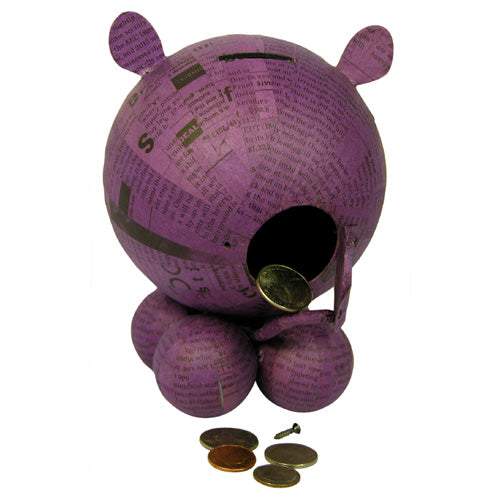 Handmade Paper Mache Bank-Hippo-Purple/Pink-Recycled Materials-Fair Trade-Philippines