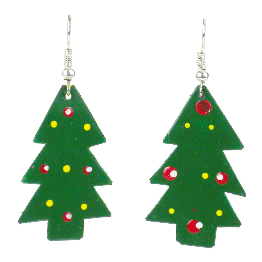 Set of 10 recycled metal Christmas tree earrings hand painted by artists in Kisumu, Kenya and fair trade imported.