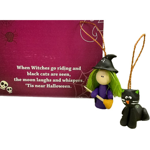 Handmade Mini Halloween Ornaments- Witch & Black Cat-Set of 2