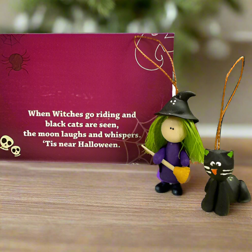 Handmade Mini Halloween Ornaments- Witch & Black Cat-Set of 2