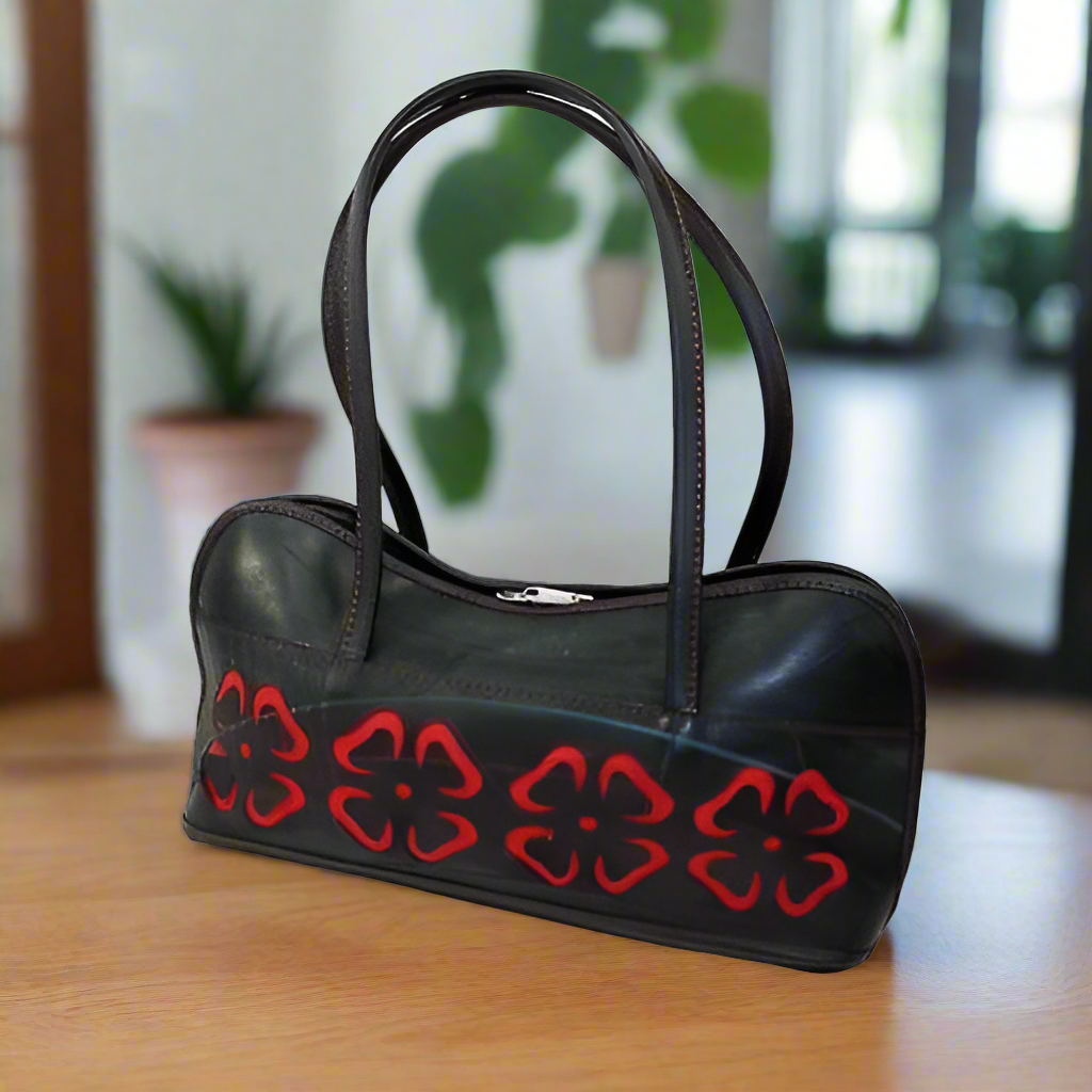 Cut Out Flower Handbag -Black & Red - Recycled Rubber Tire-Fair Trade - India