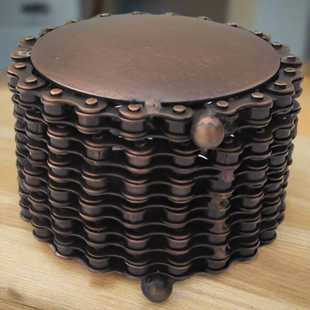 Recycled Bicycle Chain Decorative Box- Round - Fair Trade-India