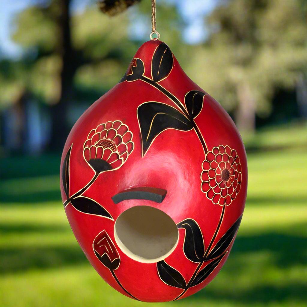 Hand-Etched Big Gourd Birdhouse-Hand-Painted-Red/Black-Fair Trade-Peru