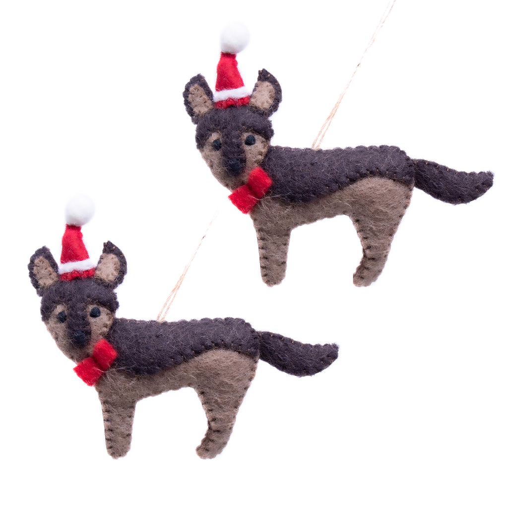 Set of 2 Handmade Felt Ornaments- German Shepherd Santa - Nepal