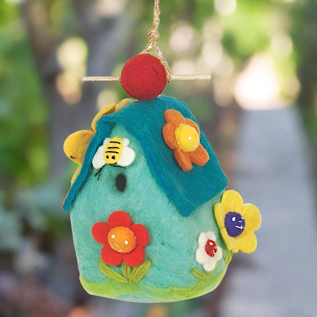 Handmade Felt Birdhouse Flower House - Aqua/Yellow -Wild Woolies