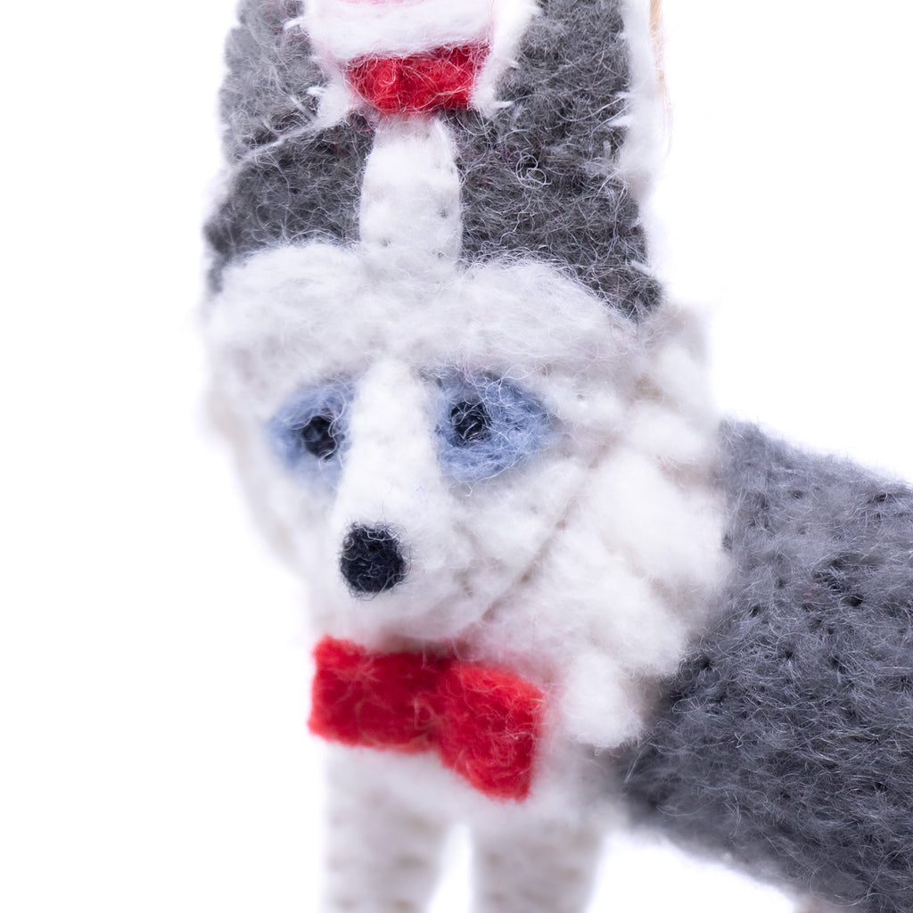 Set of 2 Handmade Felt Ornaments- Husky In A Santa Hat- Nepal