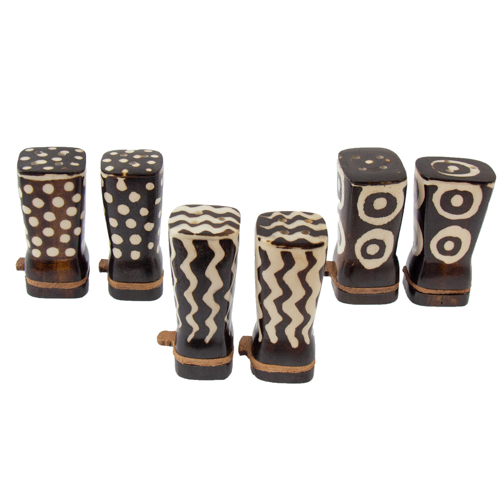 African Salt & Pepper Shakers Traditional Natural Bone & Batik Designs -Fair Trade- Kenya