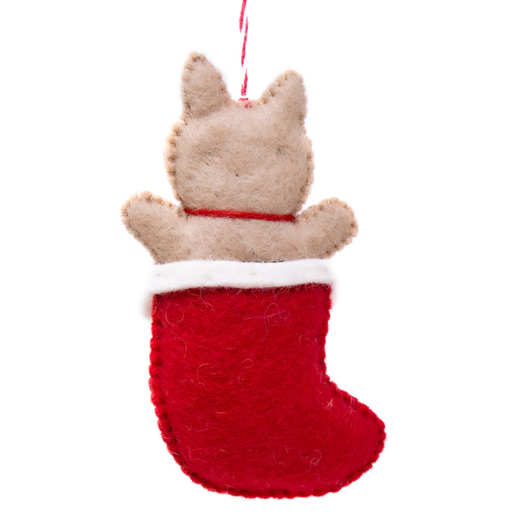 Handmade Felt Ornament-Kitty Cat in a Red Stocking -Nepal- Fair Trade