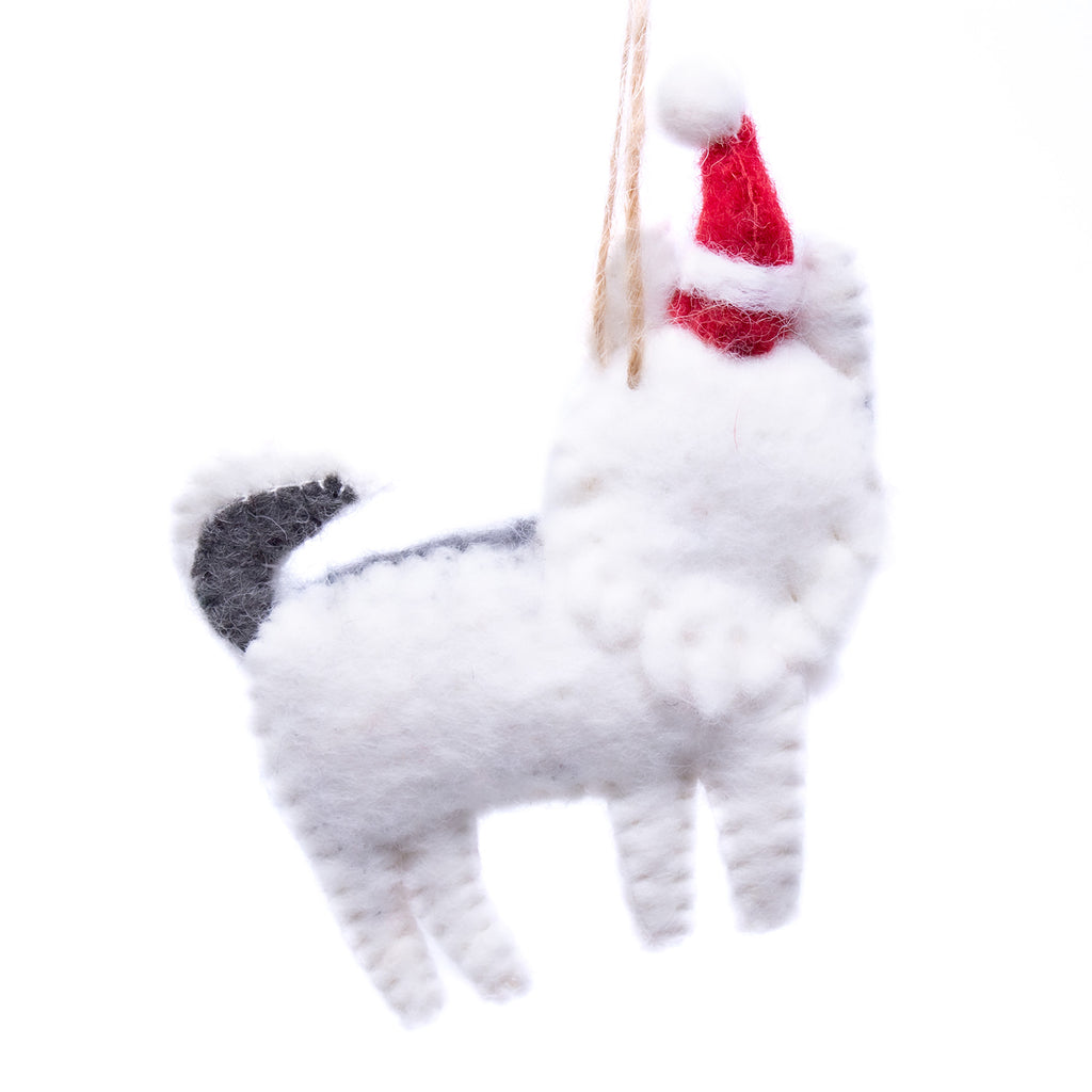 Set of 2 Handmade Felt Ornaments- Husky In A Santa Hat- Nepal