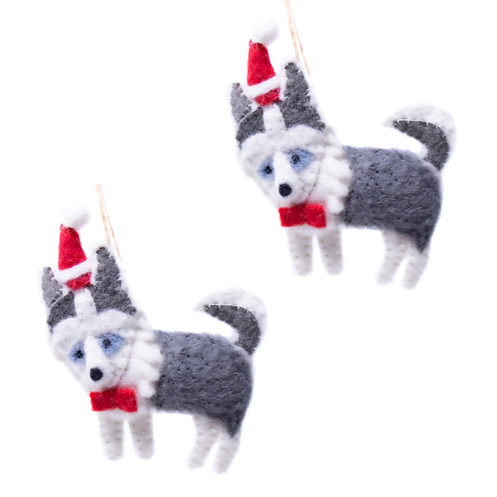 Set of 2 Handmade Felt Ornaments- Husky In A Santa Hat- Nepal