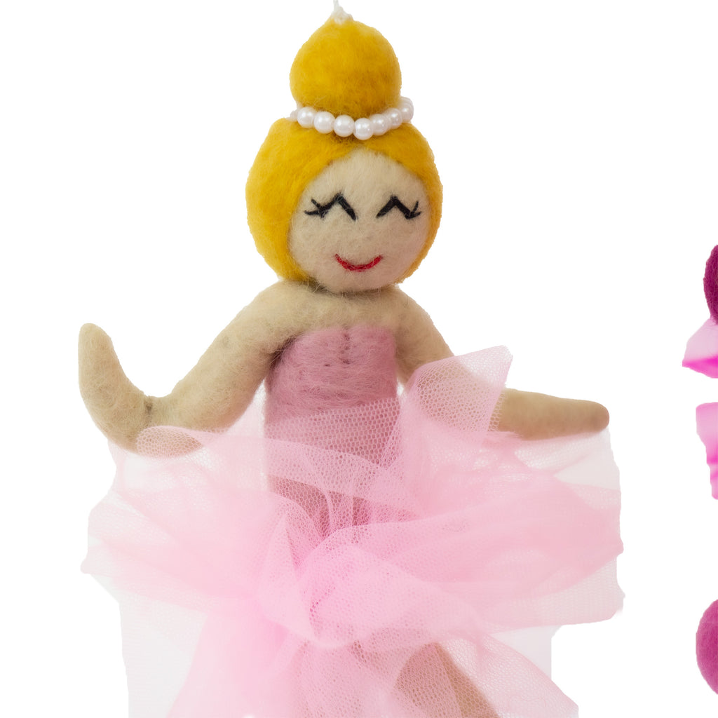 hand-felted blonde ballerina from fair trade nursery mobile made by artisans in Nepal.