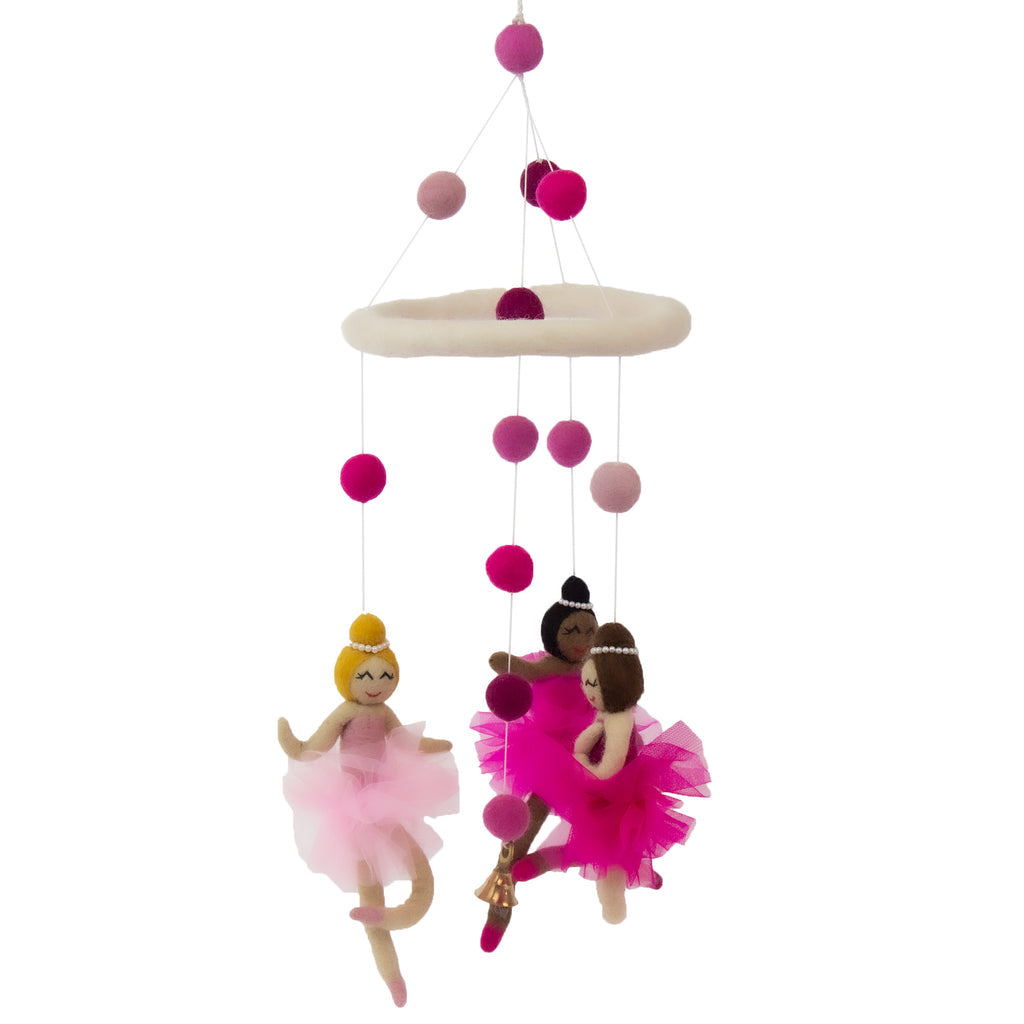 handmade felt ballerina nursery mobile made of natural 100% New Zealand Wool using only Azo-Free dyes.