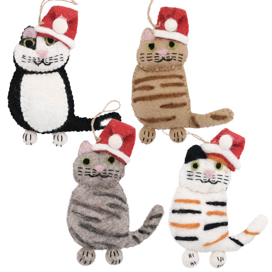 Kitty Collection - Cats Wearing a Santa Hat - Felt Ornaments -Fair Trade-Nepal