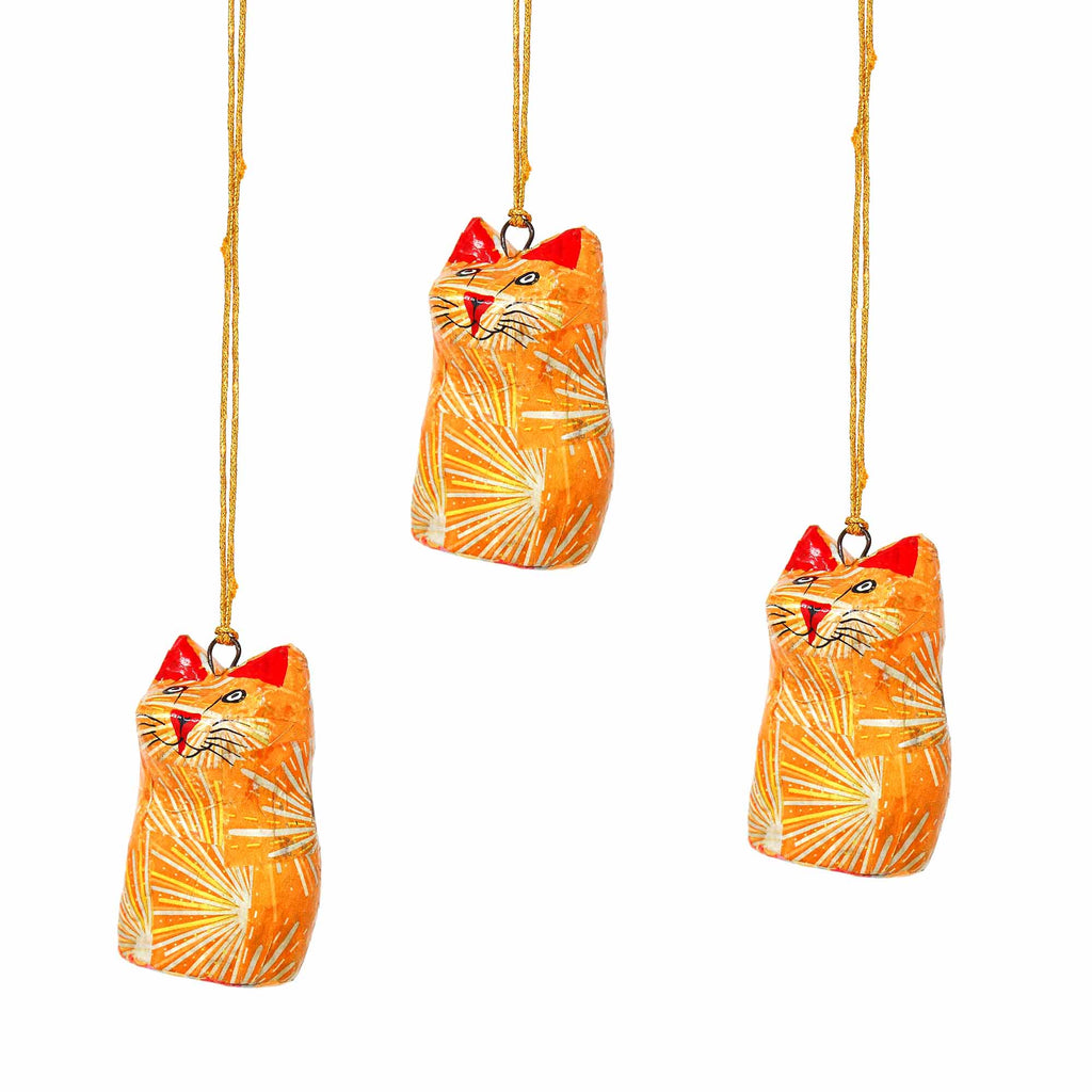 Hand-Painted Paper Mache Ornaments-Orange Cat Figurines- 3PK-Fair Trade