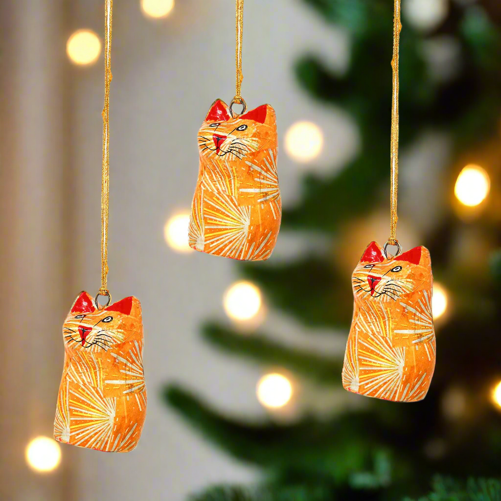 Hand-Painted Paper Mache Ornaments-Orange Cat Figurines- 3PK-Fair Trade