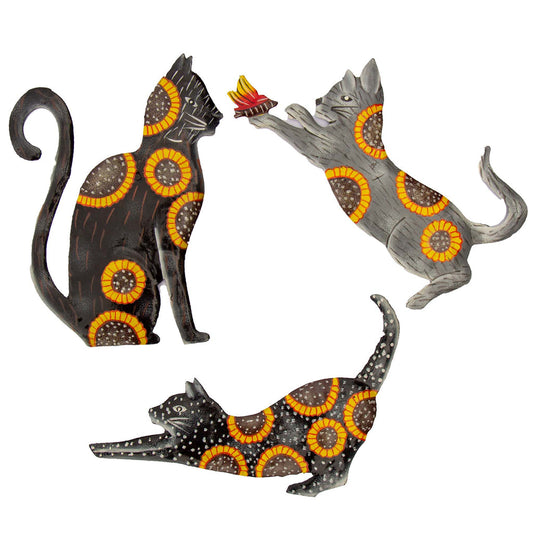 Haitian Steel Drum Wall Art-Hand-Painted Playful Cat Trio-Sunflowers- Haiti