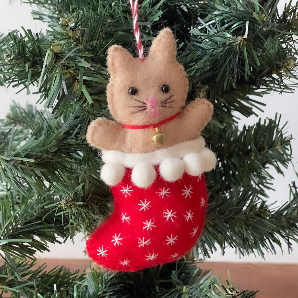 Handmade Felt Ornament-Kitty Cat in a Red Stocking -Nepal- Fair Trade