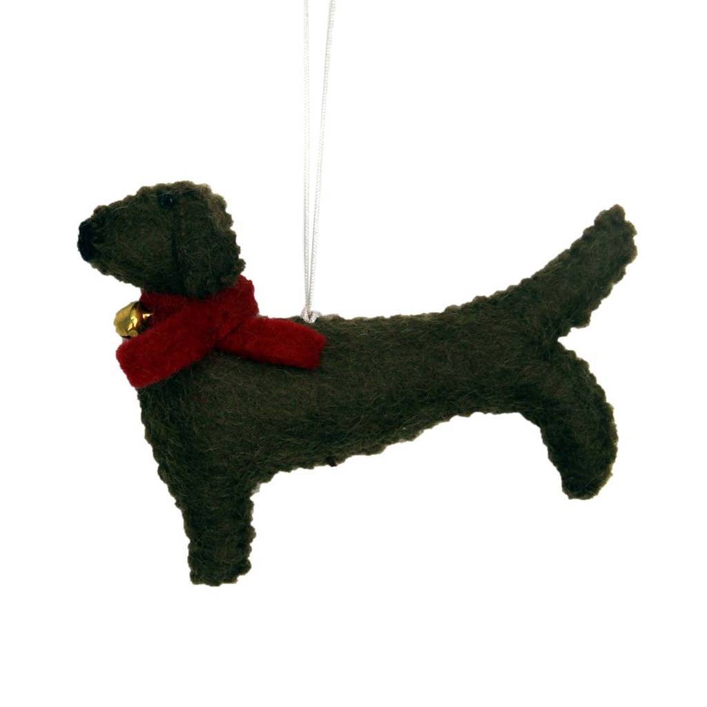 black hand-felted Daschund holiday tree ornament made using Azo-free dyes and 100% wool felt.