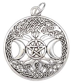 Tree of Life Triple Moon Pentagram Amulet- Pewter Pendant-1 1/4"