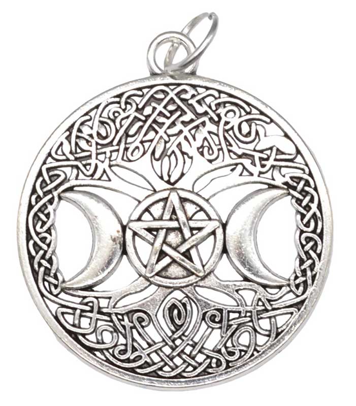 Tree of Life Triple Moon Pentagram Amulet- Pewter Pendant-1 1/4"