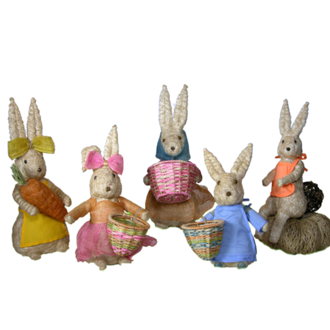 handmade set of 5 Abaca bunny rabbit shelf sitters, tabletop Easter decorations, kids room, Easter gift, mother, father, grandmother, brother, and sister rabbits in pastel clothing holding Easter baskets. Fair Trade, Philippines
