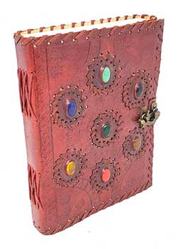 Embossed leather Journal w/ 7 Chakra stones- Handmade Organic Paper - 6" x 8"