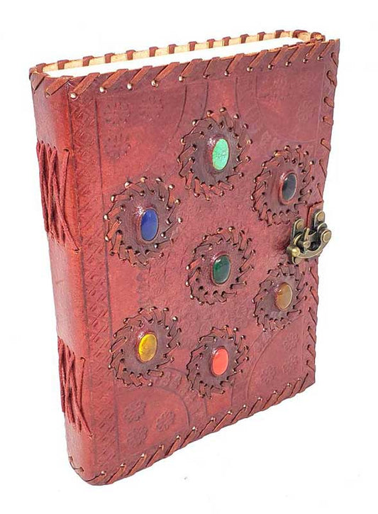 Embossed leather Journal w/ 7 Chakra stones- Handmade Organic Paper - 6" x 8"