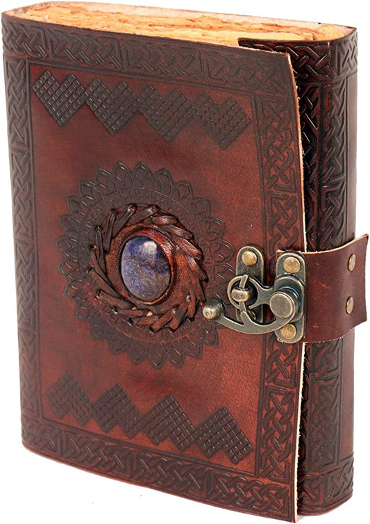 Vintage Leather Journal with Blue Lapis Lazuli Stone - Lock Closure-240 pages