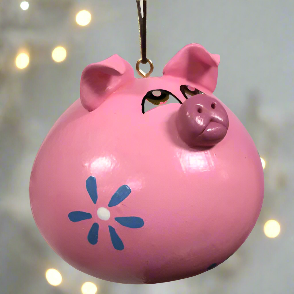 Hand-Made Gourd & Ceramic Pink Pig Ornament -Fair Trade- Peru