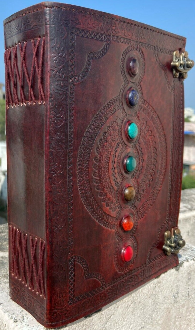 Genuine Leather Chakra Stone Journal-Double latch-Blank Handmade Parchment