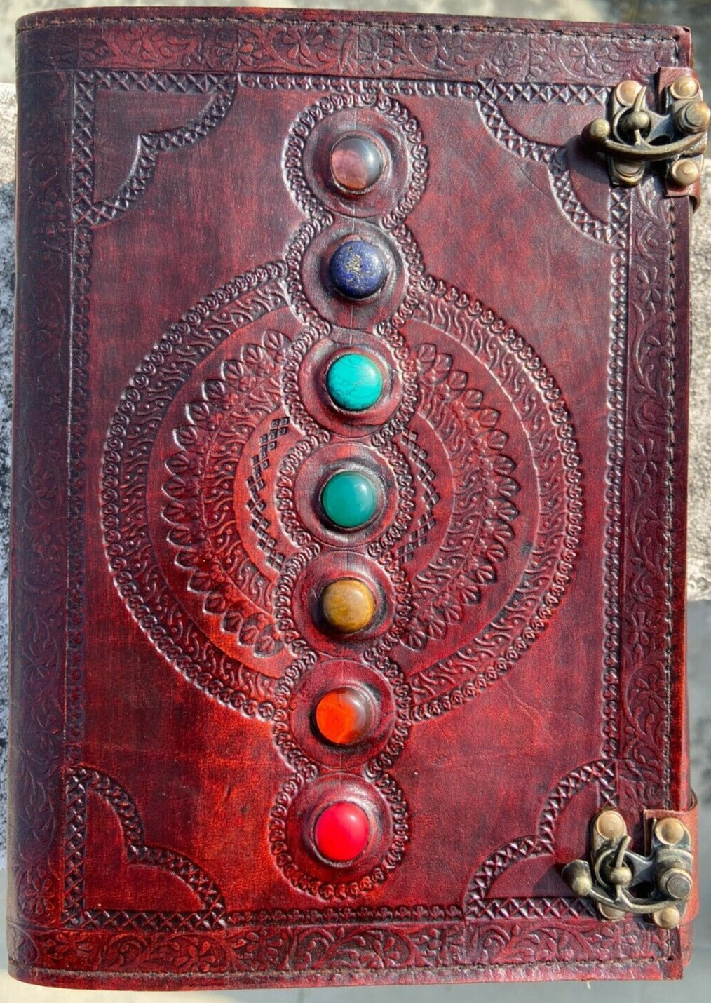 Genuine Leather Chakra Stone Journal-Double latch-Blank Handmade Parchment