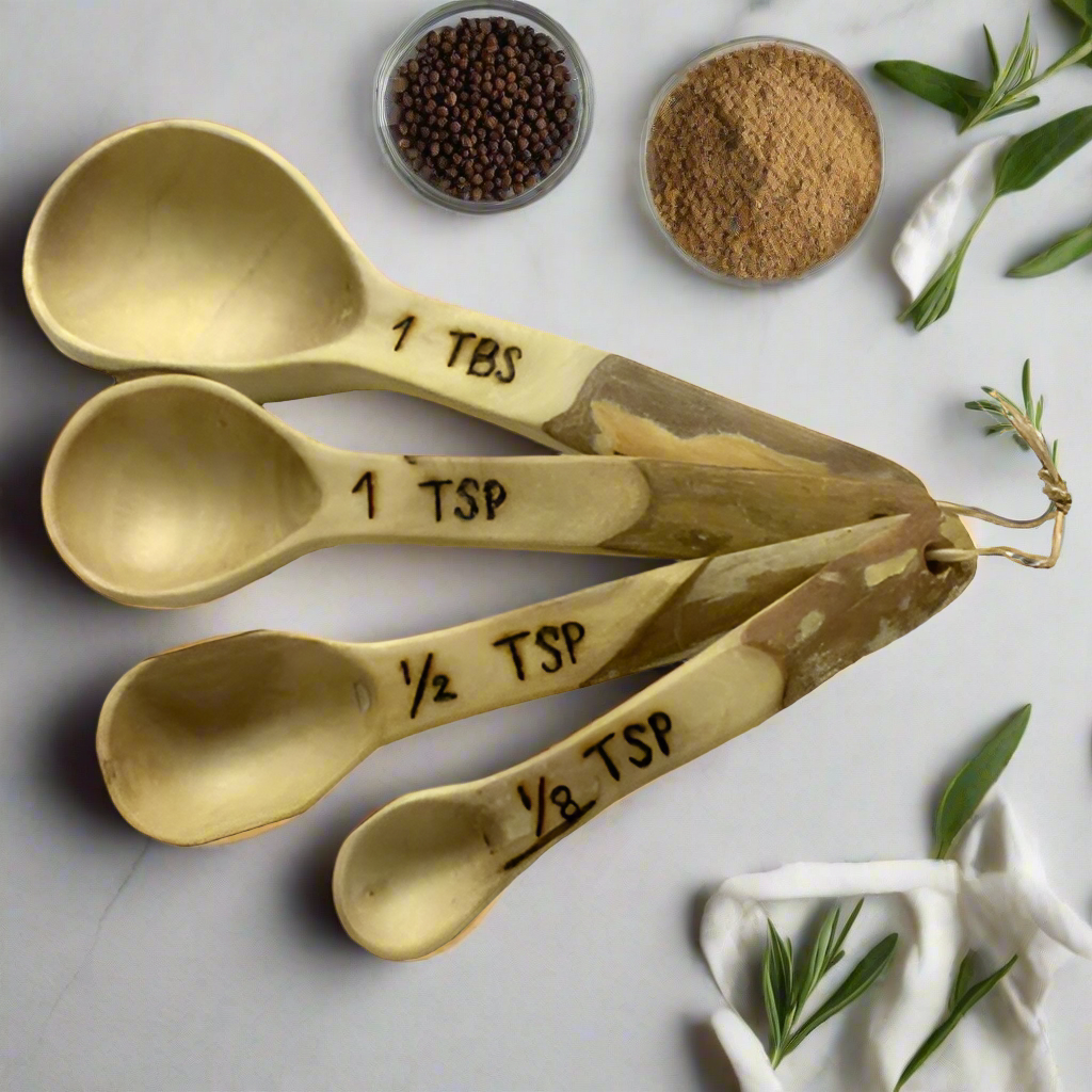 hand carved sustainably harvested coffee wood measuring spoon set from Guatemala made by Fair Trade artisans and fair trade imported to the US.