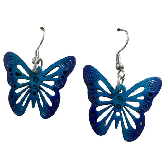 Hand-carved gourd earrings -blue butterflies-fair trade-Columbia