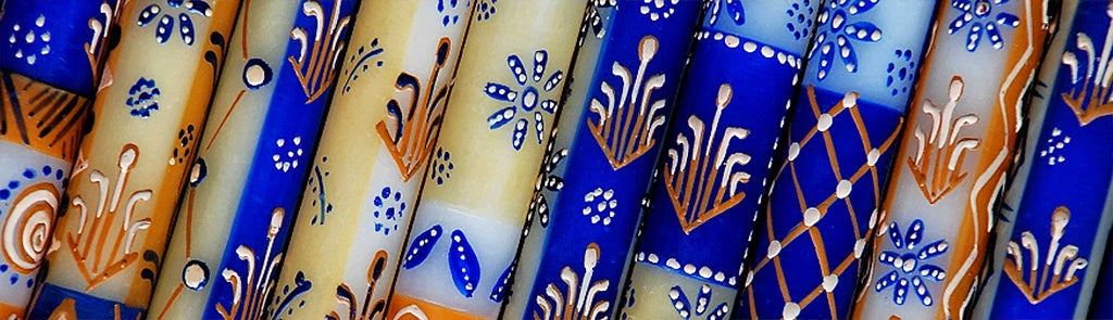 South African hand-painted, Fair Trade 4" dinner taper candles, Shabbat candles in sets of 4. 