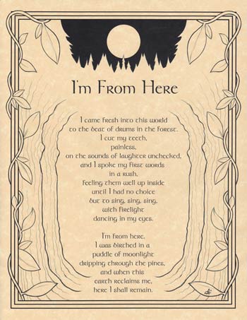 I'm from here poem by Travis Bowman on yellow parchment paper; measures 8.5" by 10" available at https://www.lowcountryfairtrade.com