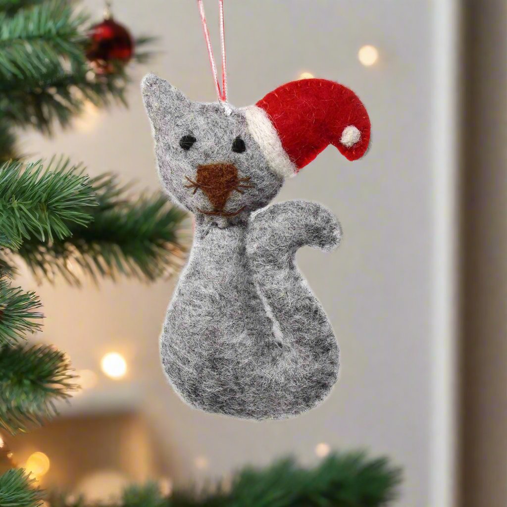 handmade felt cat in a Santa hat ornament fair trade imported from Nepal