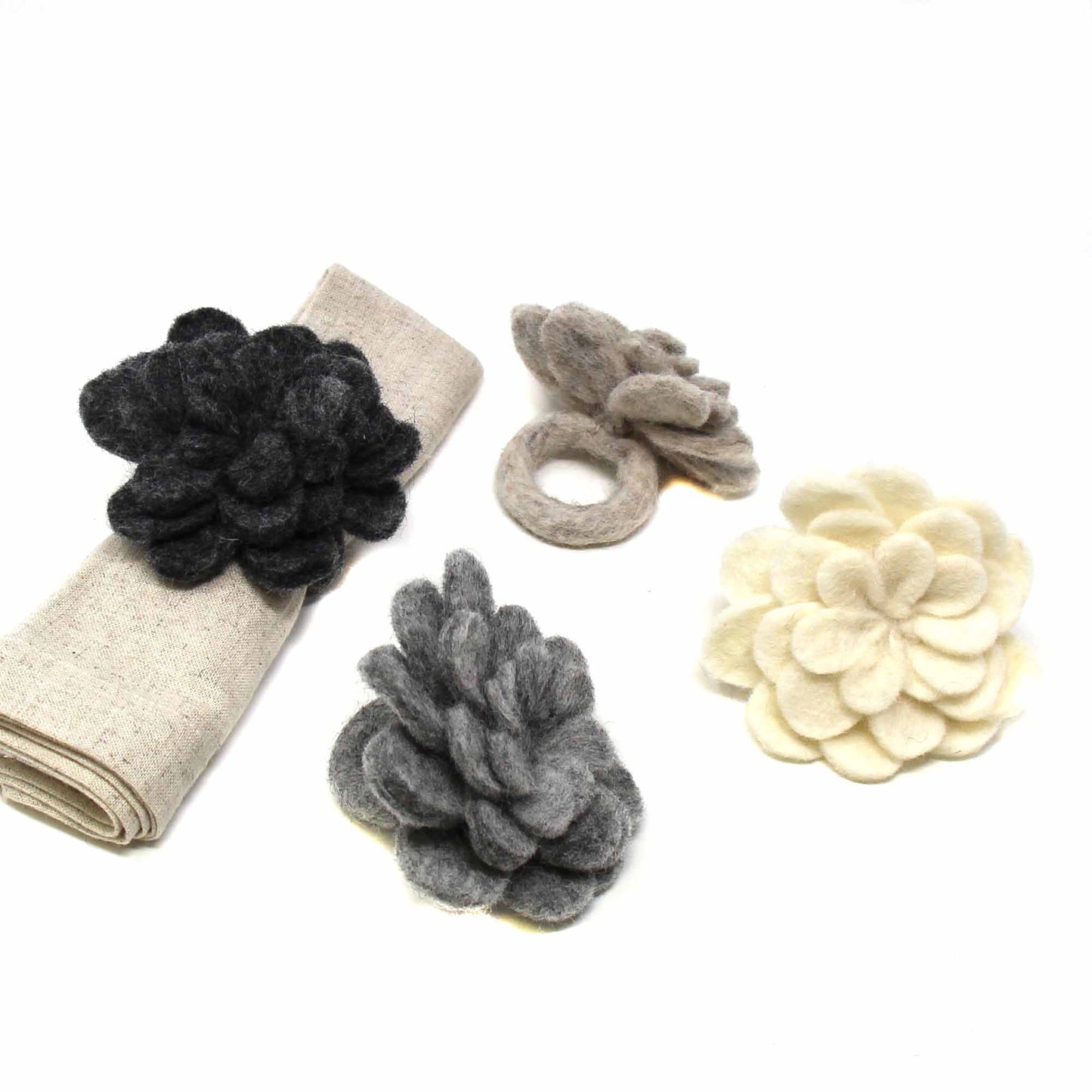 Set of 4 Napkin Rings-Hand Crafted Felt: Assorted Neutral Colors Zinnias-Nepal