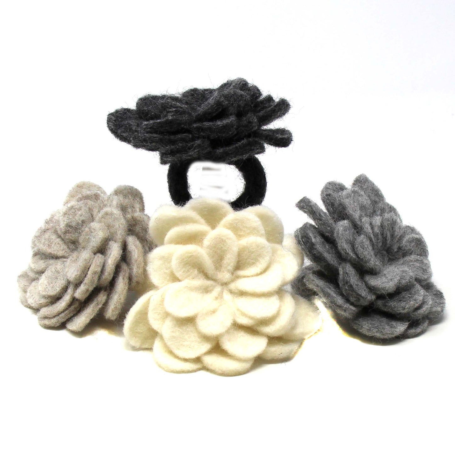 Set of 4 Napkin Rings-Hand Crafted Felt: Assorted Neutral Colors Zinnias-Nepal